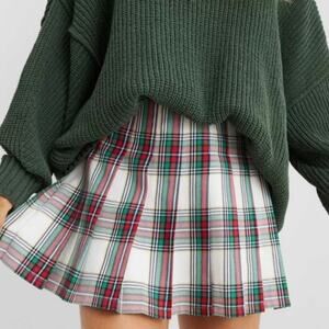 NEW Aerie White Red Green Plaid Pleated Mini Skirt